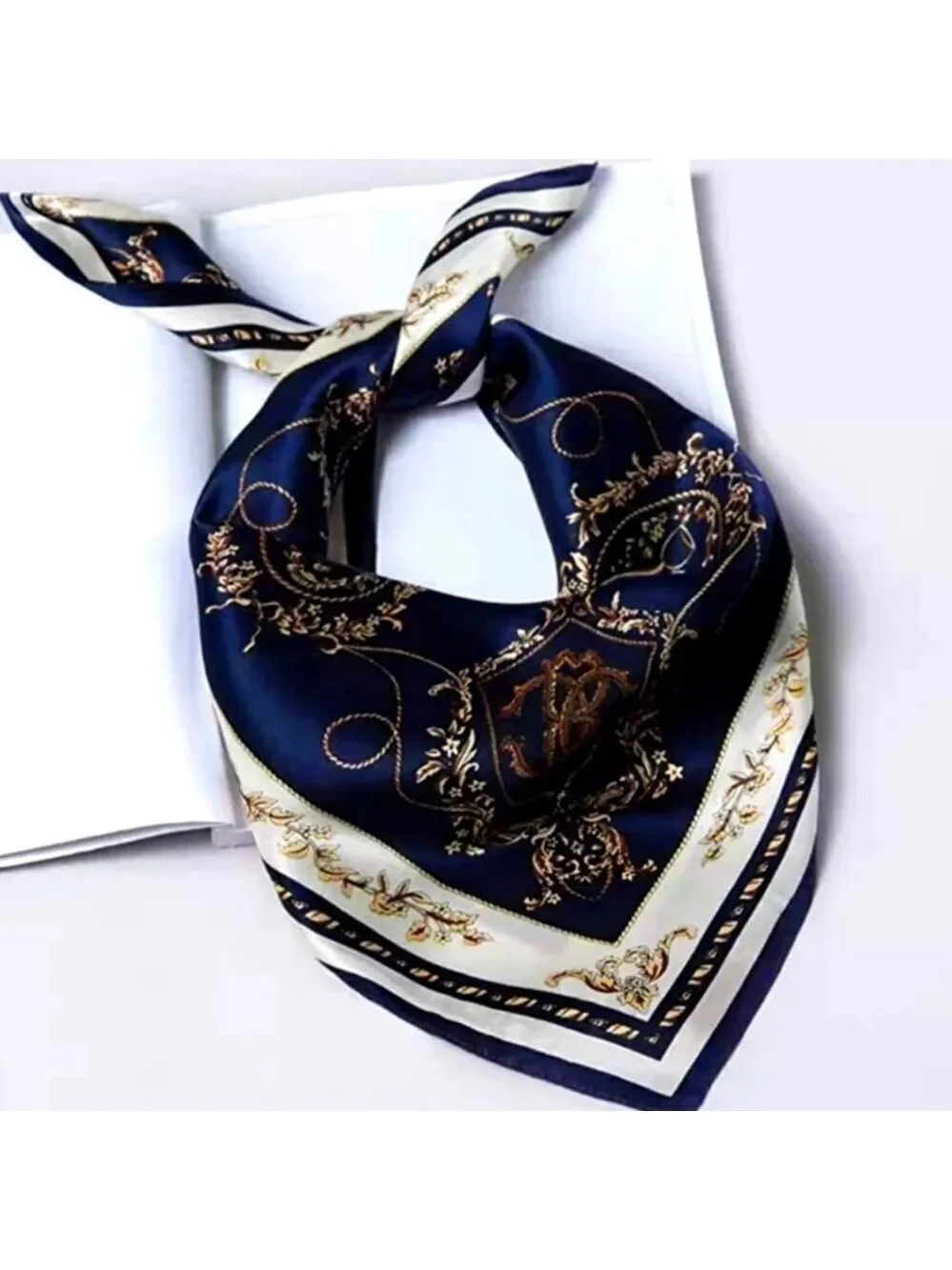 Scarf Headwraps for Women Silk Scarf Navy Satin Print 35 x 35